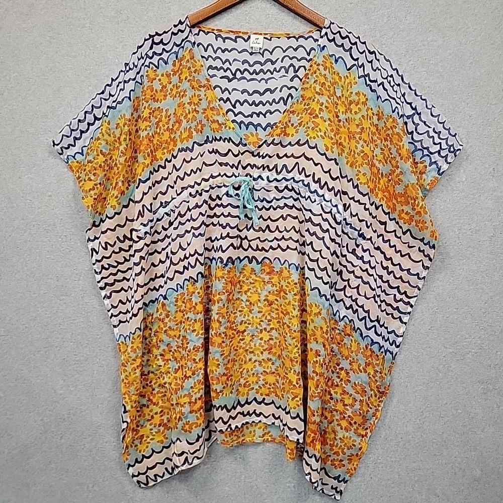 ECHO Caftan Colorful Orange Sun Blue Waves‎ Beach Cover-Up Tie Waist One Size
